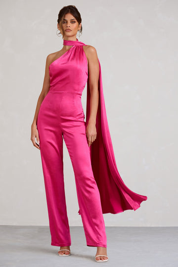 Cascada Hot Pink Satin Wide Leg Jumpsuit With Statement Scarf Neck